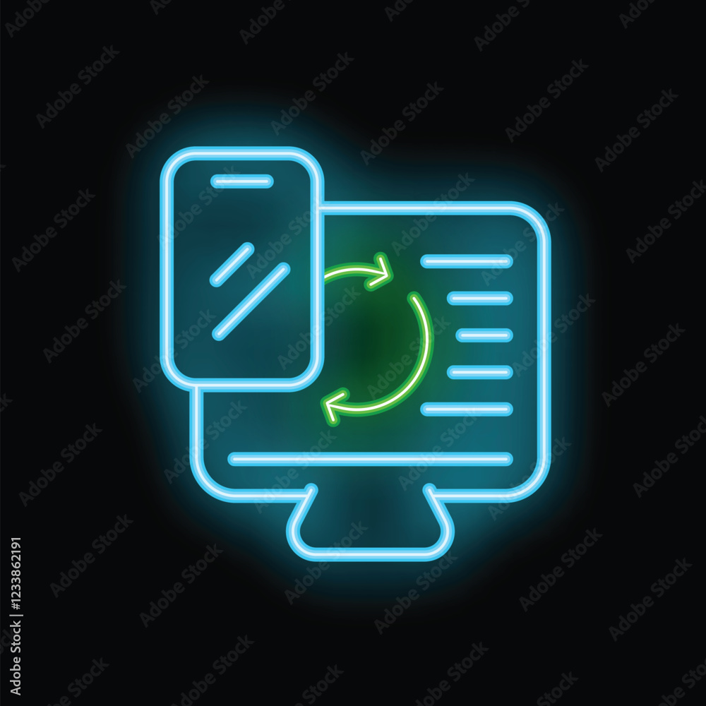 Poster neon icon of a smartphone syncing data with a desktop computer, representing seamless data transfer