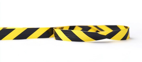 Caution barrier tape in a spiral arrangement on white background with space for text or information on safety and hazard warnings
