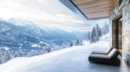 Winter Chalet with Stunning Mountain Valley View and Expansive Space for Text on a Snowy Day
