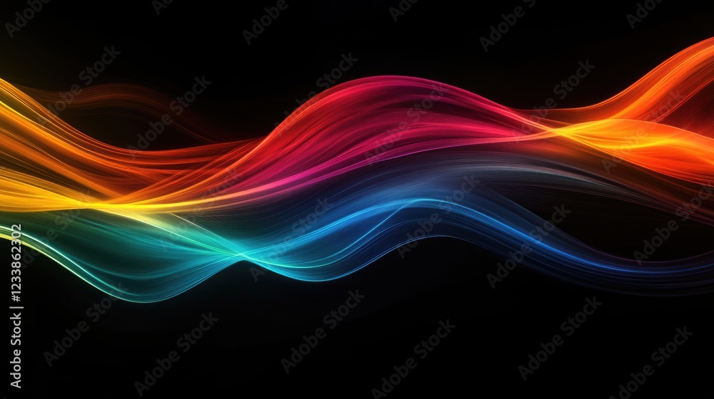 Poster Vibrant Abstract Colorful Holographic Waves on Black Background with Copy Space for Text and Design Elements