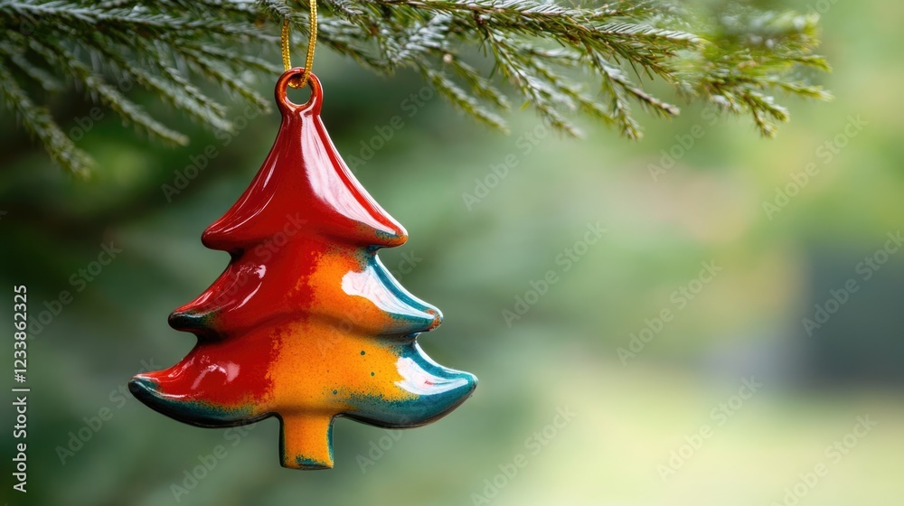 Poster Colorful Christmas Tree Ornament Hanging on Pine Tree Branch with Nature Background and Space for Custom Text or Seasonal Greetings