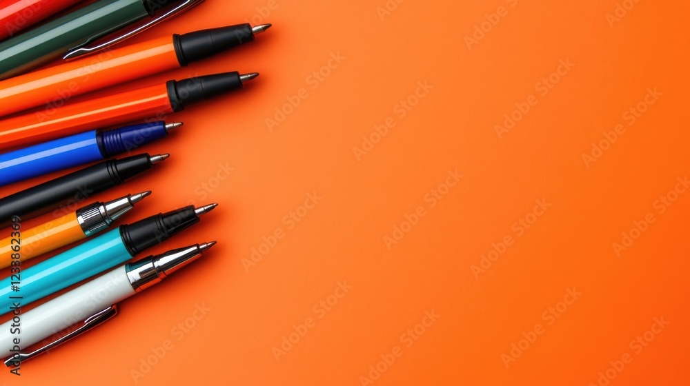 Poster Vibrant array of colorful office pens arranged on an orange background with ample empty space for text or promotional content