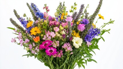 Obraz premium Assorted vibrant wildflowers bouquet lush colors against clean white background for floral design and decoration concepts