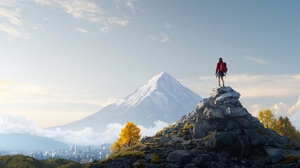 Adventurer standing triumphantly on rocky peak, overlooking vibrant autumn landscape and majestic mountain