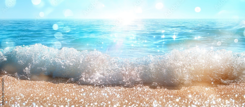Poster sparkling sunlight reflections on ocean waves with serene blue sky and sandy beach creating a tranqu