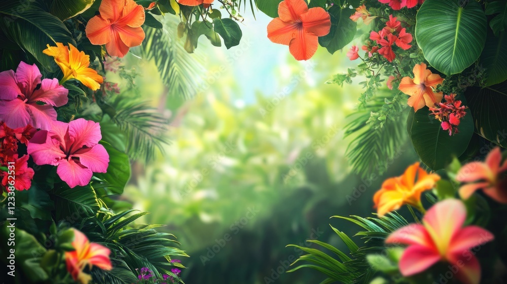 Aufkleber Vibrant tropical garden scene with colorful flowers and lush greenery creating an inviting backdrop for text or design elements.