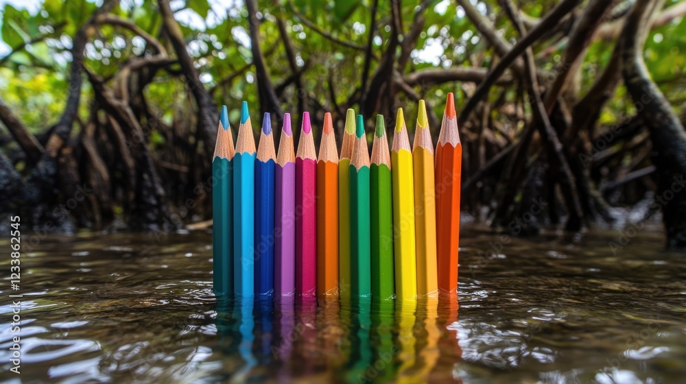 Poster vibrant colored pencils standing in water surrounded by mangroves with ample space for text or creat