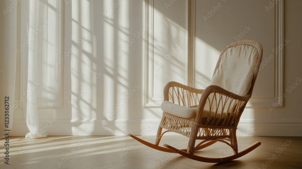 Poster Tranquil rocking chair in softly lit nursery setting with light colors and ample empty space for potential text overlay.