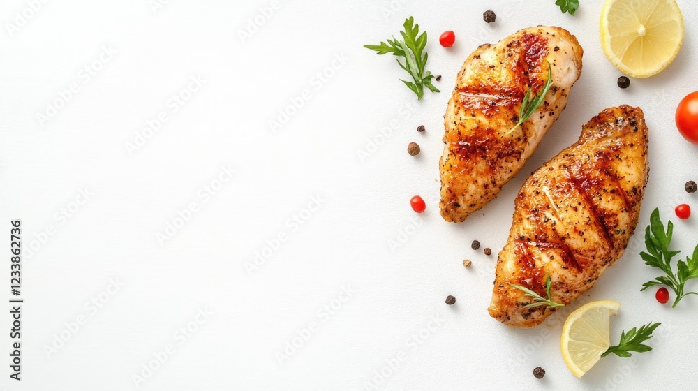 Poster Grilled chicken fillets with herbs and spices on a white background providing ample copyspace for advertisements or menu designs