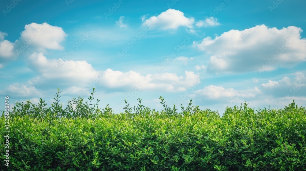 Aufkleber Lush green nature landscape under a serene blue sky with fluffy clouds and ample empty space for text or promotional content
