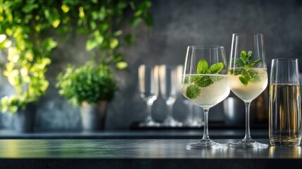 Elegant wine and cocktail glasses with mint on a bar counter surrounded by greenery and ambient lighting perfect for beverage promotions.