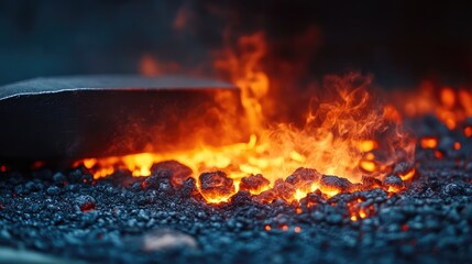 Countryside blacksmith working in the forge with glowing fire and sparks creating a dynamic craftsman scene