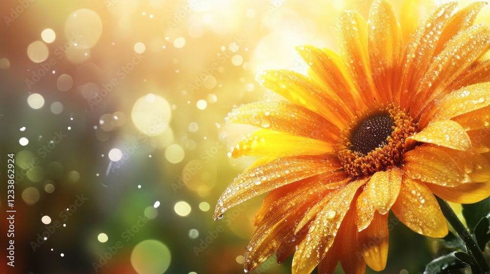 Poster vibrant yellow flower with raindrops in soft focus background creating a beautiful and colorful flor
