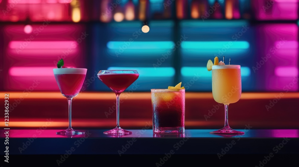 Poster colorful cocktails on a nightclub bar with vibrant neon lights and ample empty space for text or bra