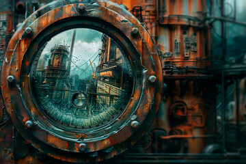 Fototapeta premium Post-Apocalyptic Industrial View Through a Rusty Porthole - Sci-Fi Dystopian Landscape with Futuristic Decay and Urban Ruins