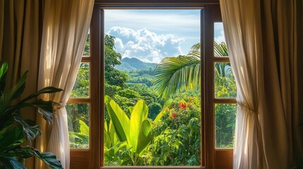 Tropical landscape view through a window with sheer curtains and lush greenery creating a serene...