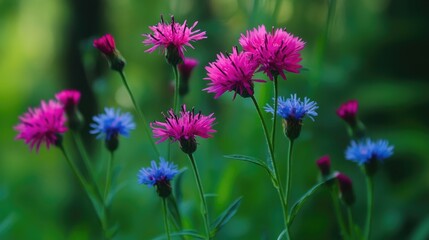 Obraz premium Bright close-up of colorful wildflowers featuring vibrant pink and blue blossoms against a lush green background showcasing natural beauty.