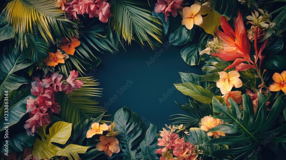 Poster tropical photo frame adorned with vibrant flowers and lush greenery featuring empty space for person