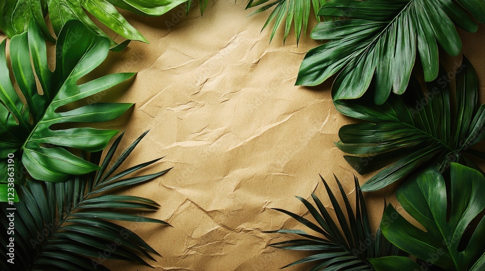 Poster Top view of assorted palm leaves on crumpled paper background with ample copyspace for natural themed text or design elements
