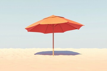 Orange beach umbrella casting shadow on sand under a clear sky in a minimal style