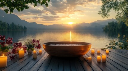 Tranquil Luxury Wooden Bathtub by Lake at Sunrise Surrounded by Candles and Flowers in a Serene Zen Atmosphere