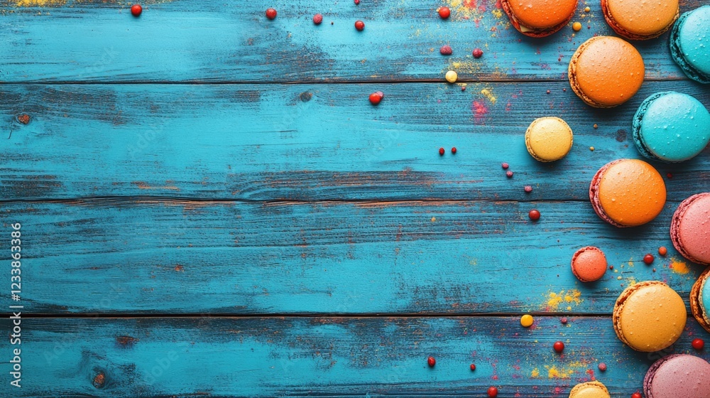Poster Colorful Macarons on Rustic Wooden Surface with Space for Text Display in a Bakery or Dessert Shop Setting