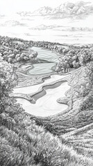 monochromatic pencil sketch of golf course landscape featuring rolling hills, water features, and trees, evoking serene atmosphere