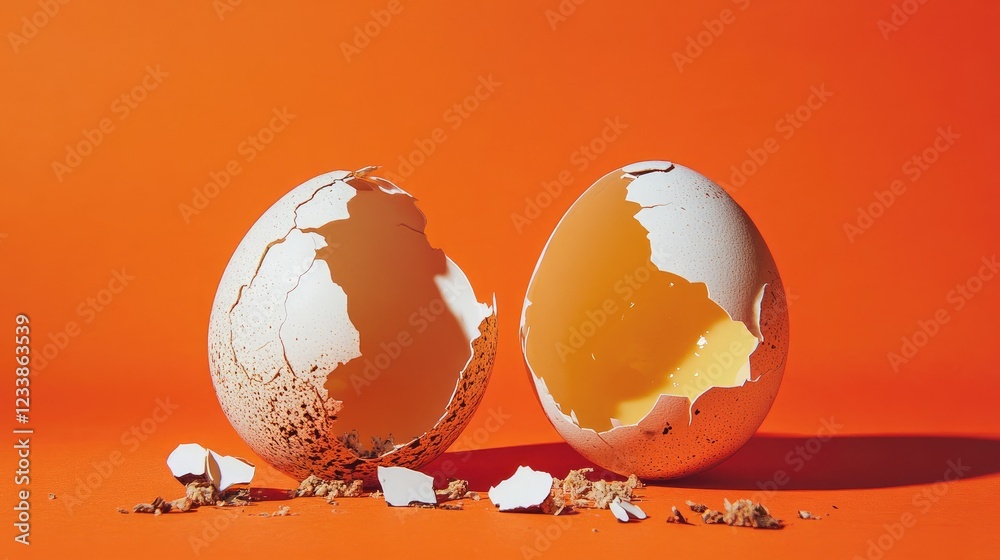Poster two cracked eggshells standing on a vibrant orange backdrop with broken pieces and yolk visible insi