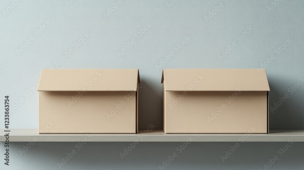 Leinwandbilder Two empty cardboard boxes on a minimalist shelf with a soft blue background showcasing simplicity and storage solutions