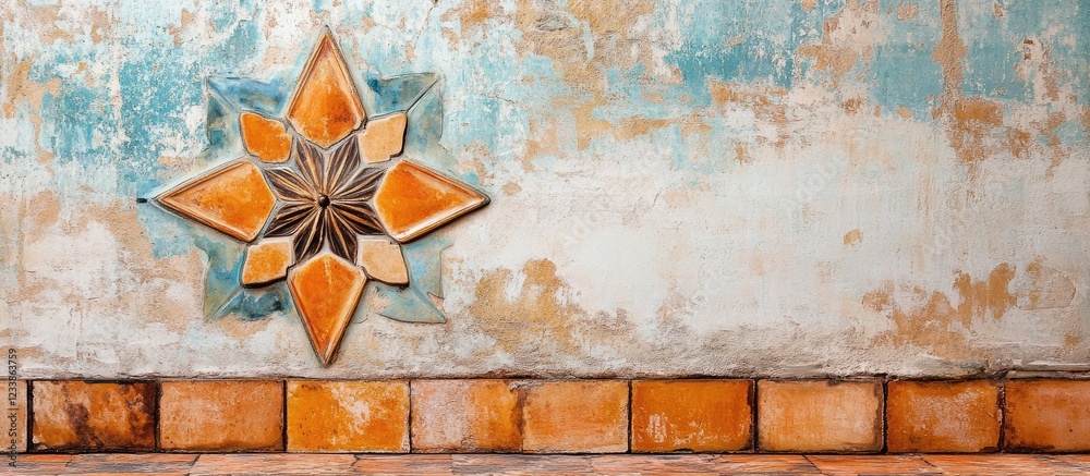 Poster Rustic orange wall tiles with star flower design in serene color palette showcasing an abstract interior with empty space for text.