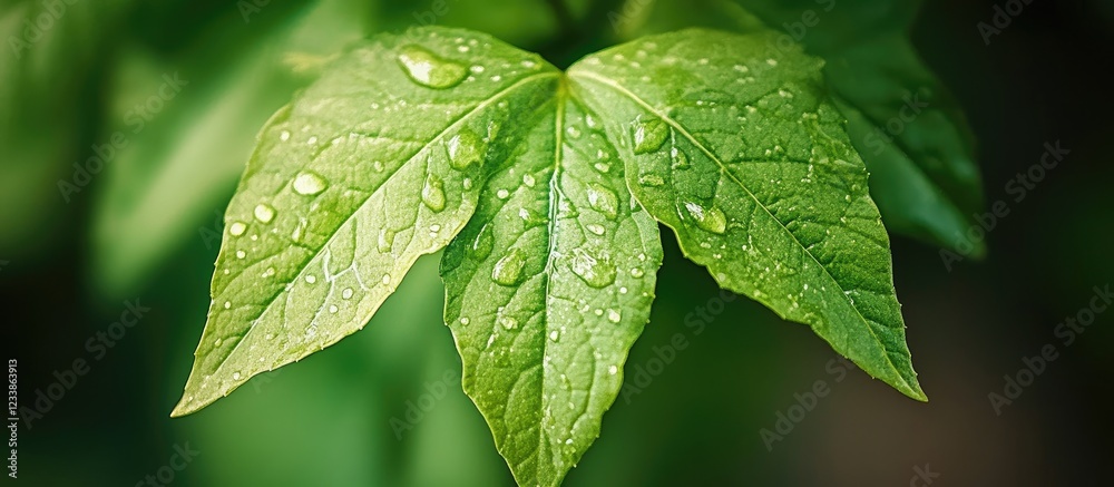 Poster vibrant green leaf with water droplets and soft blurred background ideal for nature-themed designs a