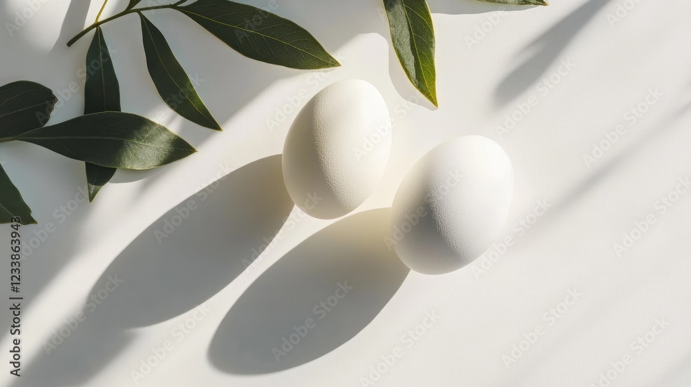 Aufkleber fresh eggs on minimalist white surface surrounded by green leaves emphasizing a blend of nature and 