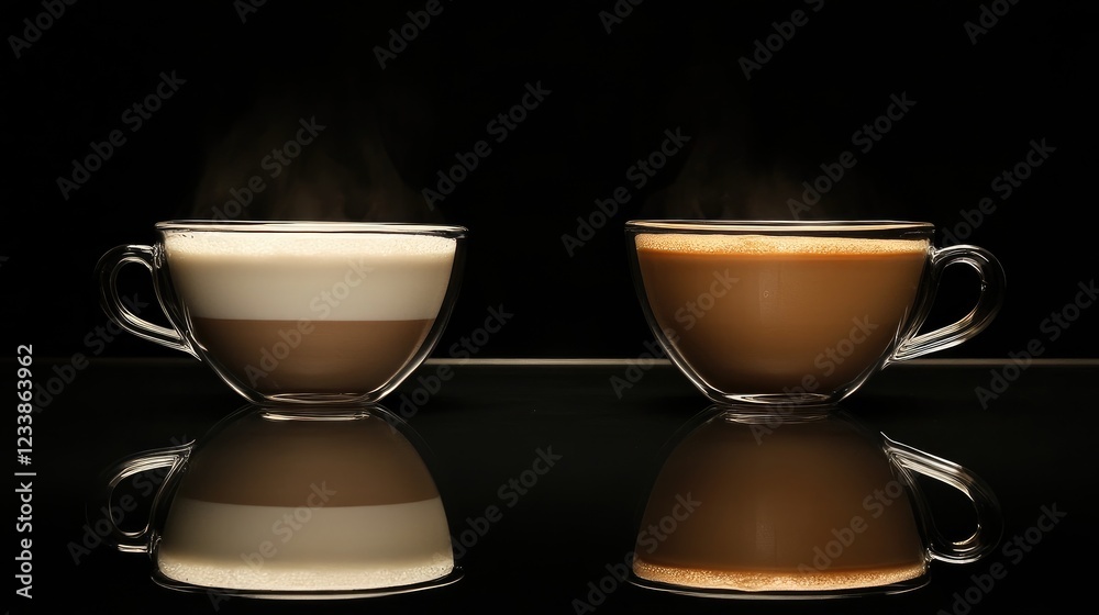 Aufkleber cappuccino and latte cups with steam on a reflective black surface showcasing contrast in colors and