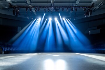 Empty stage, blue spotlights, arena, concert