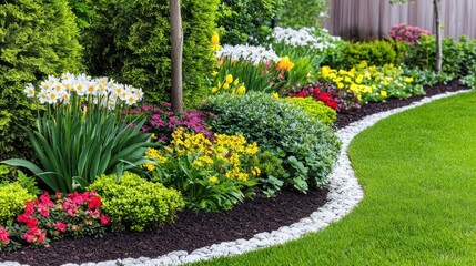 Lush spring garden with colorful flowers, manicured lawn, and white stone border.