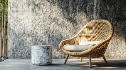 Wicker chair and marble side table in outdoor setting showcasing modern rattan furniture against textured wall for stylish relaxation space
