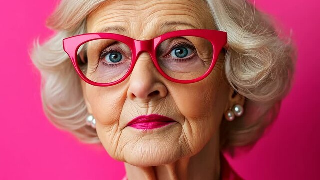 Woman with red glasses and red lipstick is looking at the camera. She has a serious expression on her face