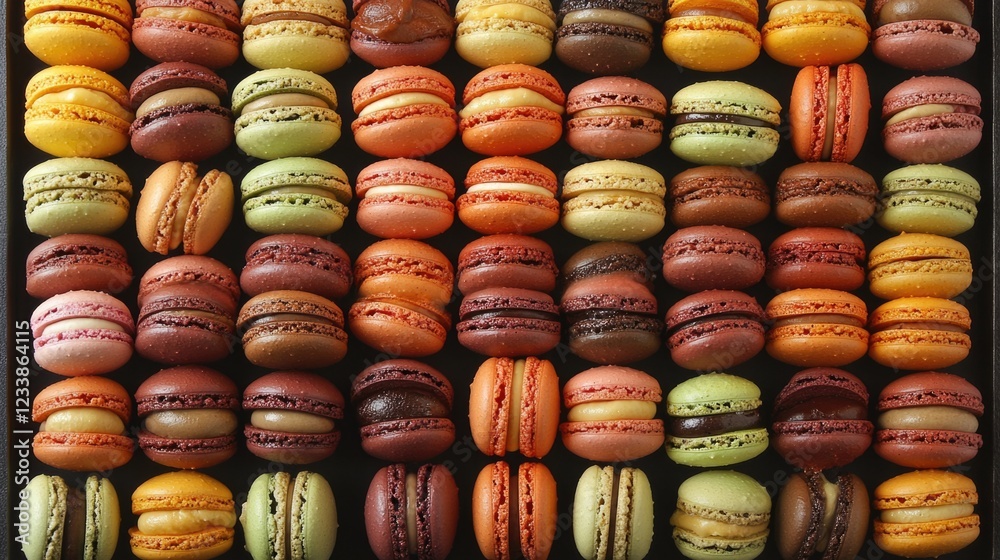 Poster Colorful Assortment of French Macarons Displayed Neatly with a Space for Text or Branding in an Elegant Setting