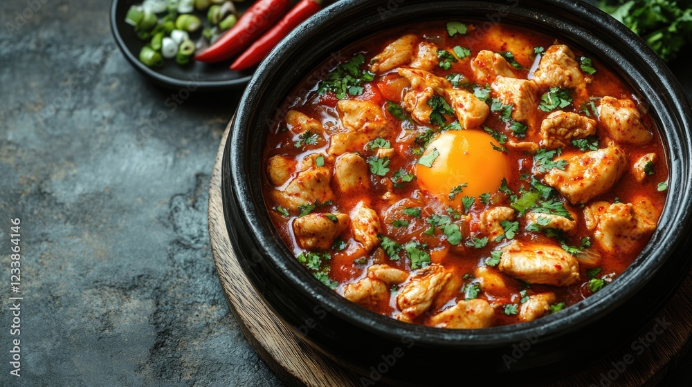 Poster korean spicy chicken stew in a traditional clay pot with vibrant ingredients and empty space for tex