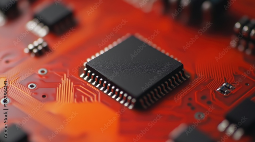 Aufkleber close up of a microchip on a bright circuit board with copyspace for technology or innovation relate