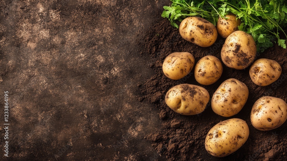 Poster freshly harvested potatoes on soil background with green herbs and empty space for text, ideal for a