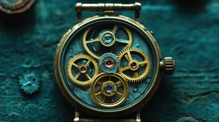 Close-up of antique watch mechanism with exposed gears.