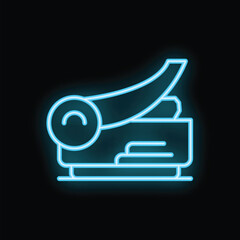 Blue neon icon of a banana stapler on a black background, perfect for a quirky office supply image