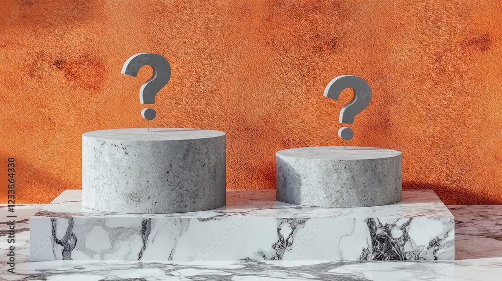 Poster Empty cement podiums on a white marble base with question mark symbols representing uncertainty and potential in a minimalist setting