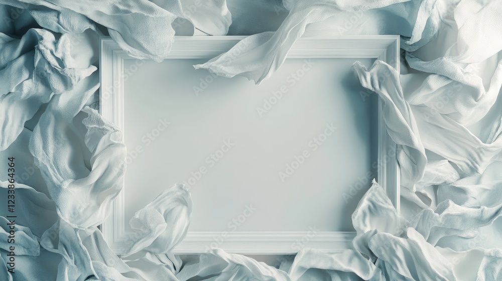 Fototapete Modern empty frame surrounded by delicate white fabric creating a minimalist backdrop for showcasing wall art or decor ideas in a bedroom setting.