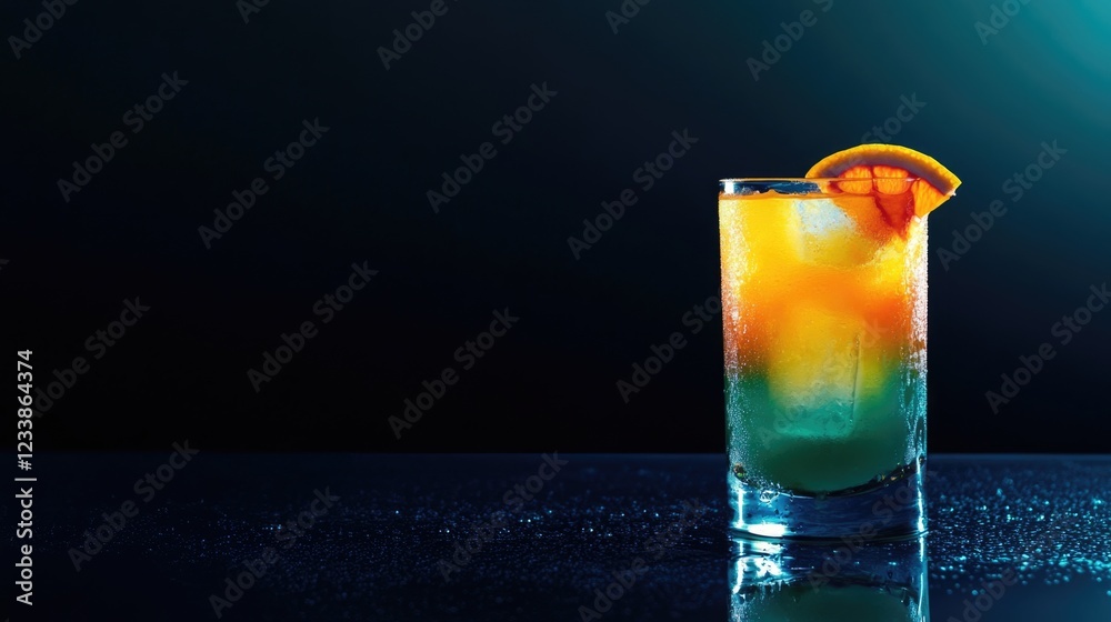 Poster Vibrant colorful cocktail garnished with orange slice on reflective surface against a dark background with ample space for text insertion