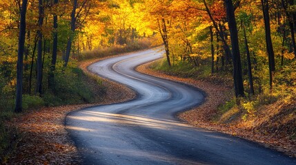 Obraz premium Winding road meandering through vibrant forest during golden hour with autumn foliage and warm light illuminating the scene