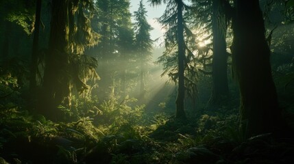 Fototapeta premium Sunbeams through the Ancient Forest