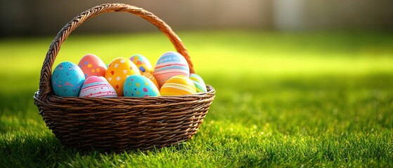 Fototapeta premium Woven basket filled with colorful painted easter eggs on green grass in bright sunlight