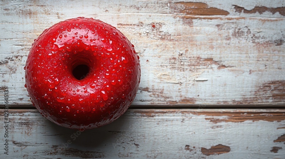 Fototapete Top View of Glossy Red Donut on Rustic White Wooden Surface with Space for Text Display